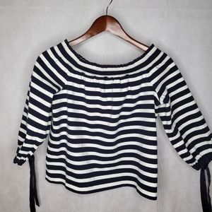 J. Crew Off Shoulder Blouse White Navy Stripe 3/4 Tie Sleeve Cropped Nautical S